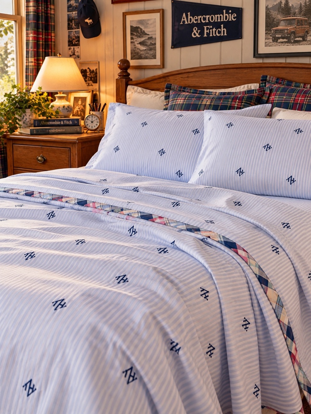 Vintage Tommy Hilfiger Queen Sheet Set 2pc Blue White TH Monogram Stripe